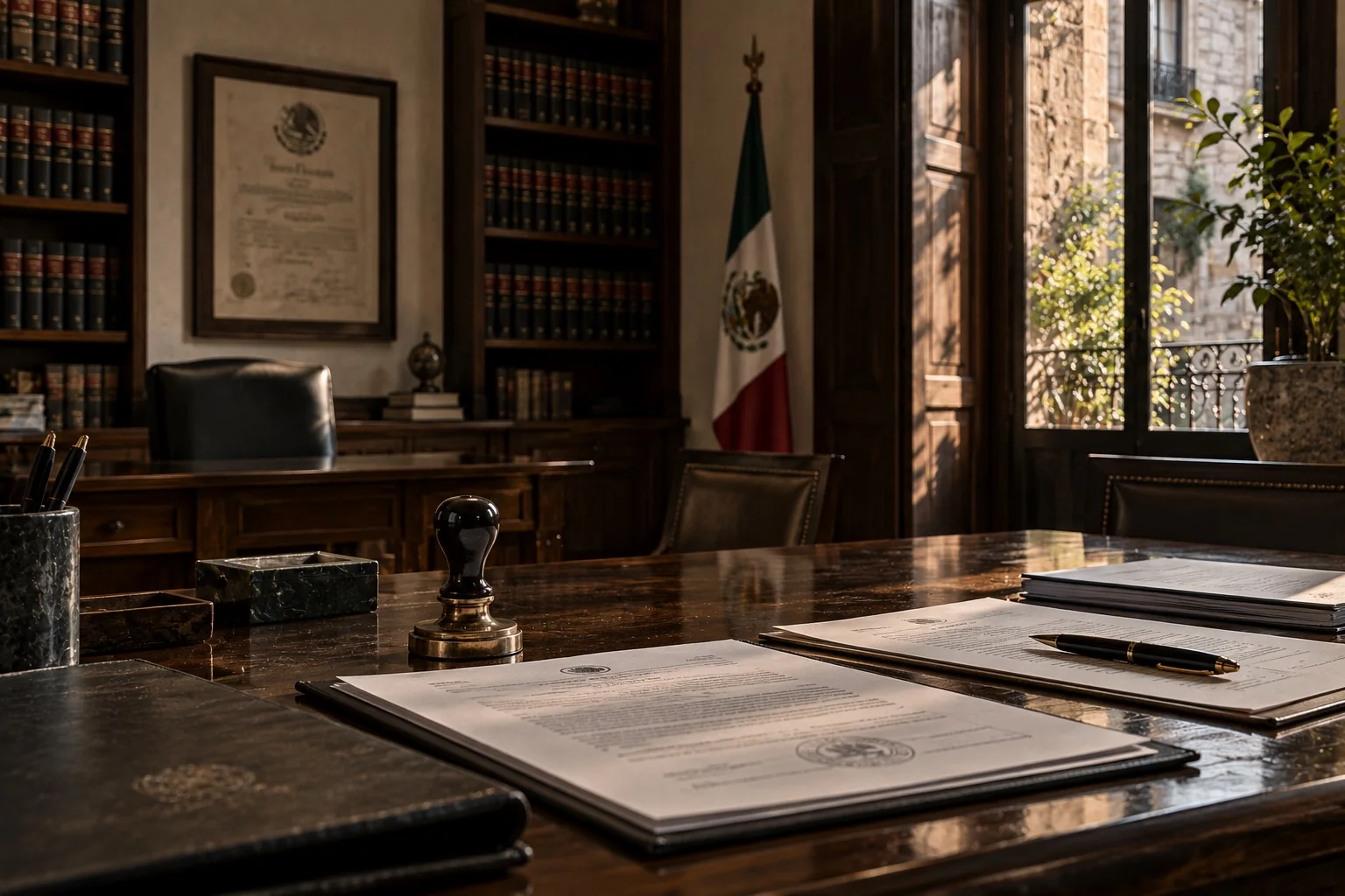 Formal Mexican legal office with bound volumes, documents and an embossing seal