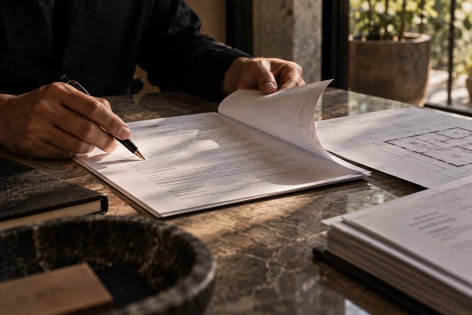 Hands reviewing a printed property agreement and supporting documents