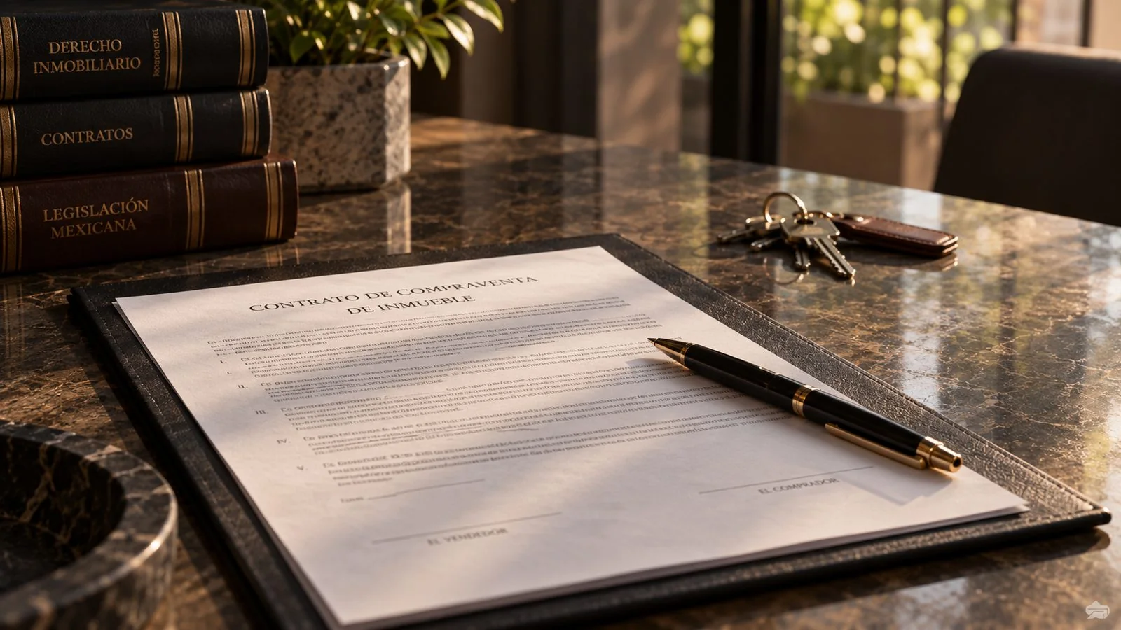 Property purchase agreement with a pen and keys remaining across the table