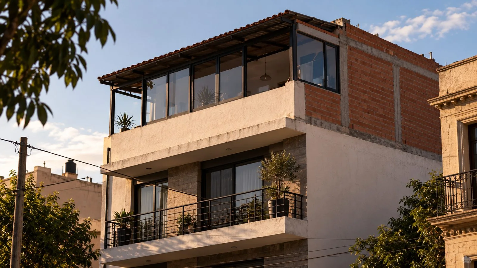 Mexican residential building with a visibly newer rooftop addition