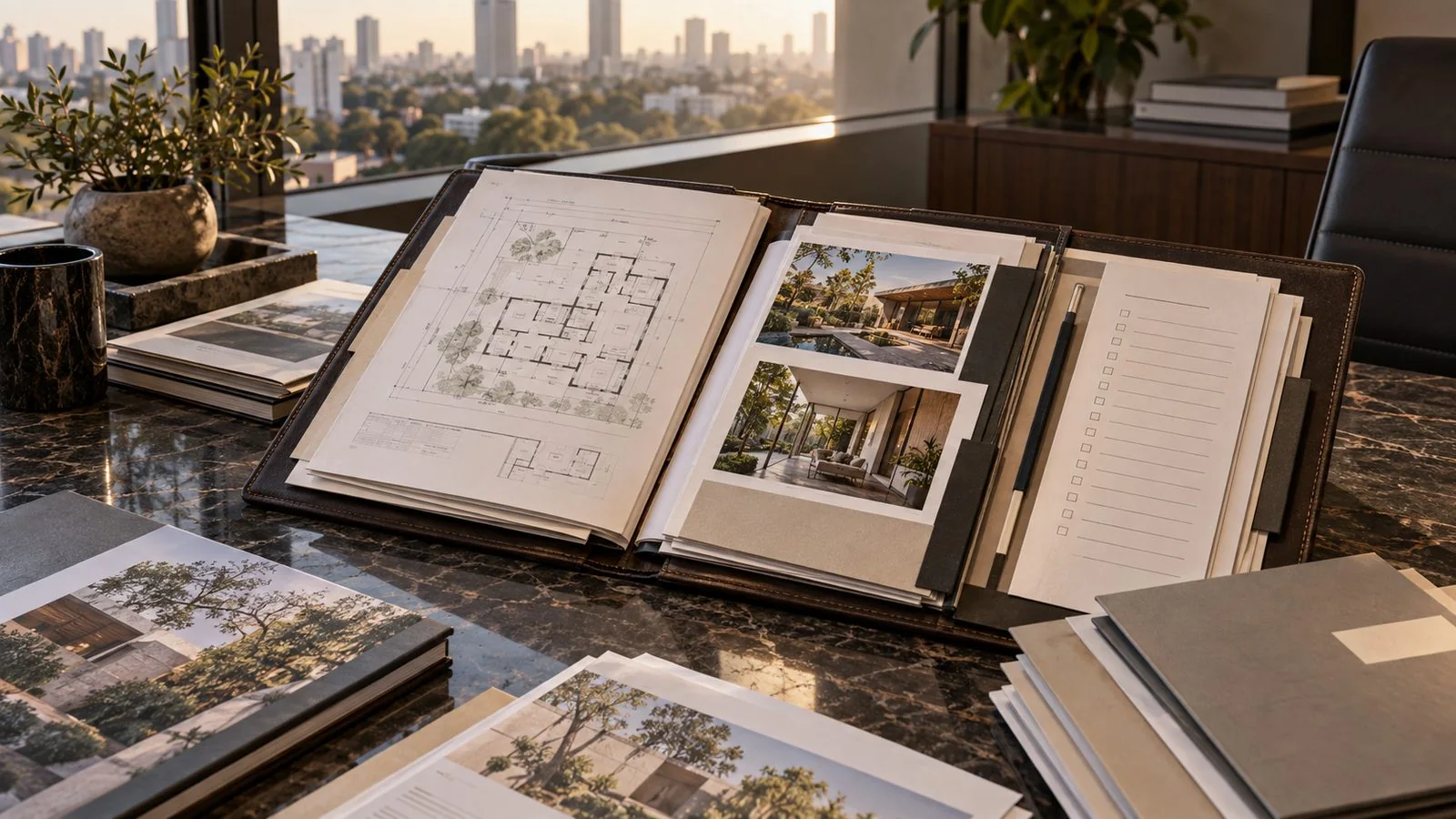 Open property due diligence dossier with architectural plans and an unmarked checklist